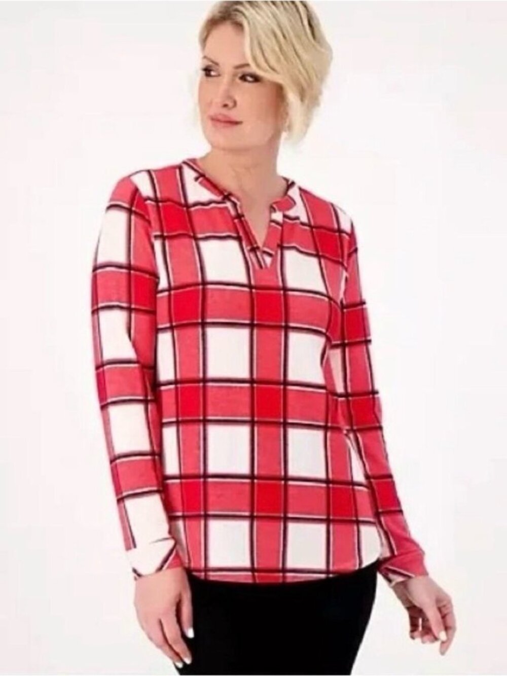 Denim & Co. Printed Heavenly Jersey Plaid Split-Neck Long Sleeve Top